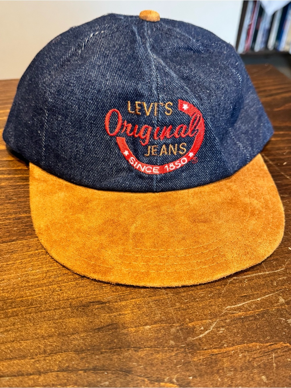 Vintage Levis Hat  Blue Denim Brown Suede Leather Bill Strapback Cap